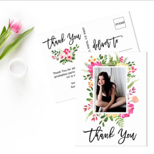 Söt Watercolor Flowers Script Photo Tack Vykort