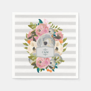 Söt Watercolor Flowers with Chic Grått Rand  Pappersservett