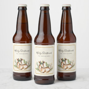 Söt Watercolor Hjort Lay Boho jul Ölflaska Etikett