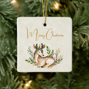 Söt Watercolor Hjort Lay Down Boho Julgransprydnad Keramik