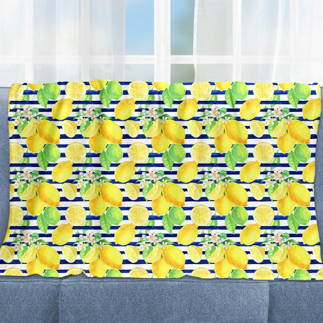 Söt Watercolor Lemons on Blue Rand Fleecefilt (Skapare uppladdad)