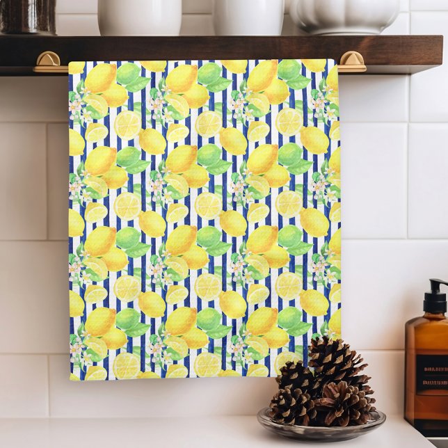 Söt Watercolor Lemons on Blue Rand Kökshandduk (Skapare uppladdad)