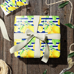 Söt Watercolor Lemons on Blue Rand Presentpapper