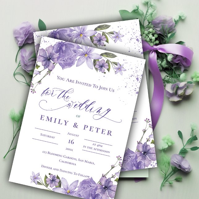 Söt Watercolor Lila Elegant Blommigt Bröllop Inbjudningar (Pretty Watercolor Purple Elegant Floral Wedding Invitation)