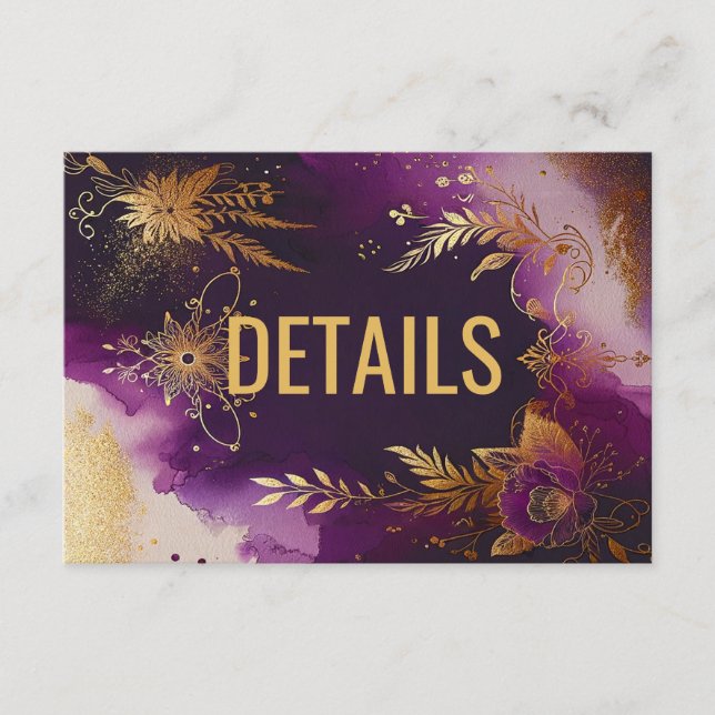 Söt Watercolor Lila och Guld Blommigt Bröllop Tilläggskort (Framsida)