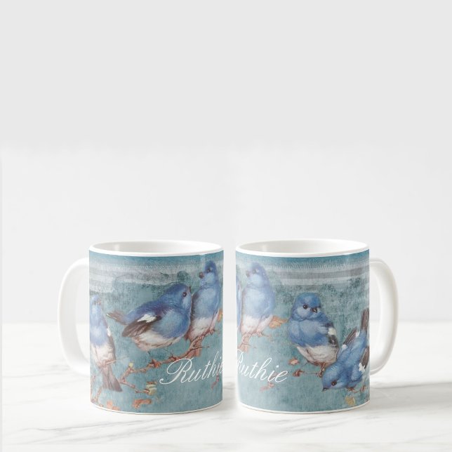 Söt Watercolor Little Blue Birds Personlig Kaffemugg (Skapare uppladdad)
