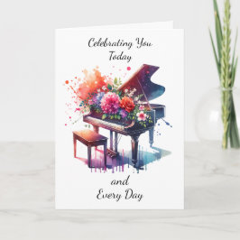 Söt Watercolor Piano och Flowers Birthday Kort