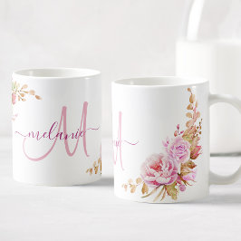 Söt Watercolor Ro Blommigt Anpassningsbar Monogram Kaffemugg