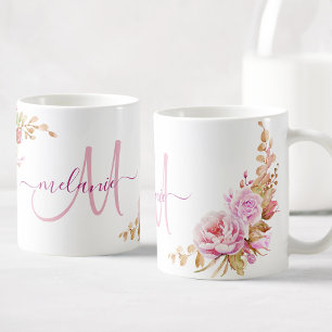 Söt Watercolor Ro Blommigt Anpassningsbar Monogram Kaffemugg