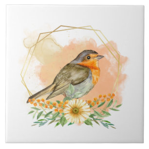 Söt Watercolor Robin och Wildblomma Ram Kakelplatta