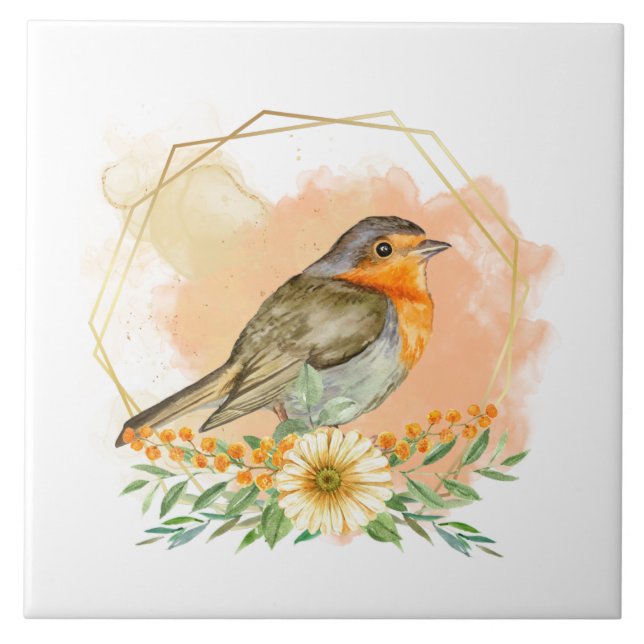 Söt Watercolor Robin och Wildblomma Ram Kakelplatta (Framsidan)