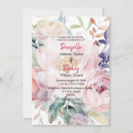 Söt Watercolor Rosa Lila Blommigt Bröllop Inbjudningar