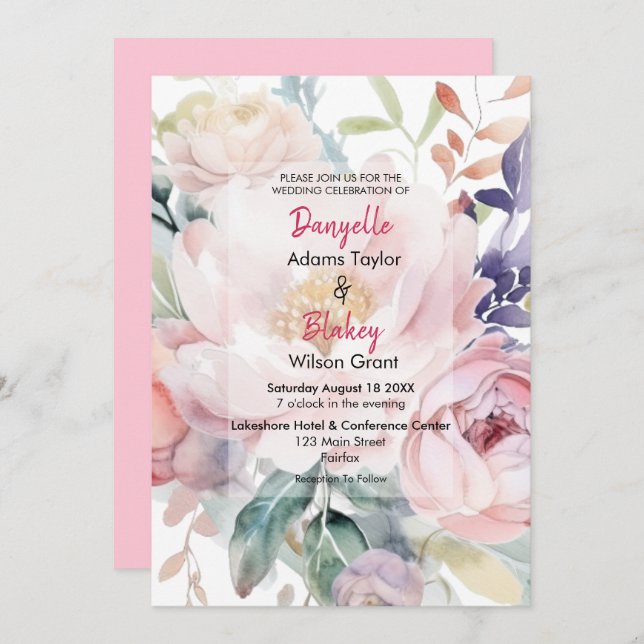Söt Watercolor Rosa Lila Blommigt Bröllop Inbjudningar (Fram/baksida)