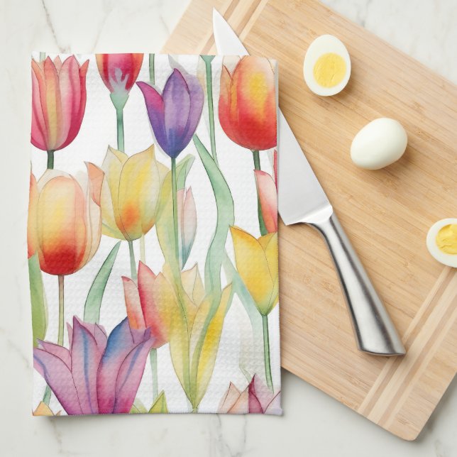 SÖT WATERCOLOR ROSA & ORANGE BLOMMIGT TULIPS KÖKSHANDDUK (Vikt i Fjärdedel)