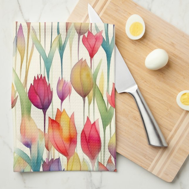 SÖT WATERCOLOR ROSA & ORANGE BLOMMIGT TULIPS KÖKSHANDDUK (Vikt i Fjärdedel)