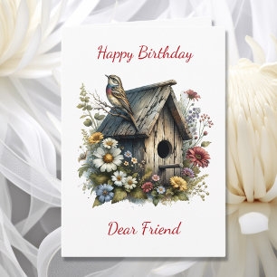 Söt Watercolor Rustic Birdhouse Birthday Kort