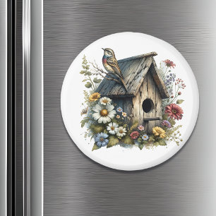 Söt Watercolor Rustic Birdhouse och Bird Magnet