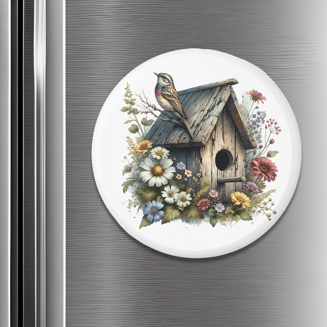 Söt Watercolor Rustic Birdhouse och Bird Magnet (Skapare uppladdad)