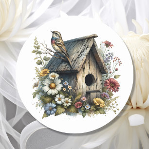 Söt Watercolor Rustic Birdhouse och Bird Runt Klistermärke