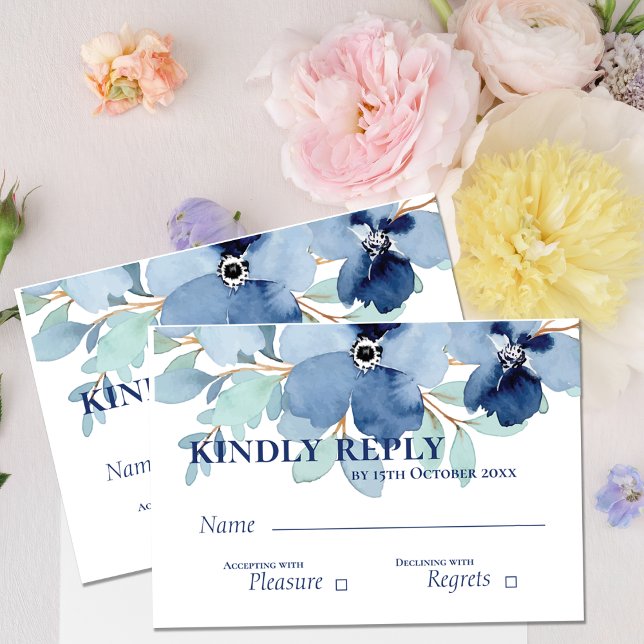 Söt Watercolor Stale Blue Blommigt Bröllop OSA Kort (Pretty Watercolor Stale Blue Floral Wedding RSVP Card)