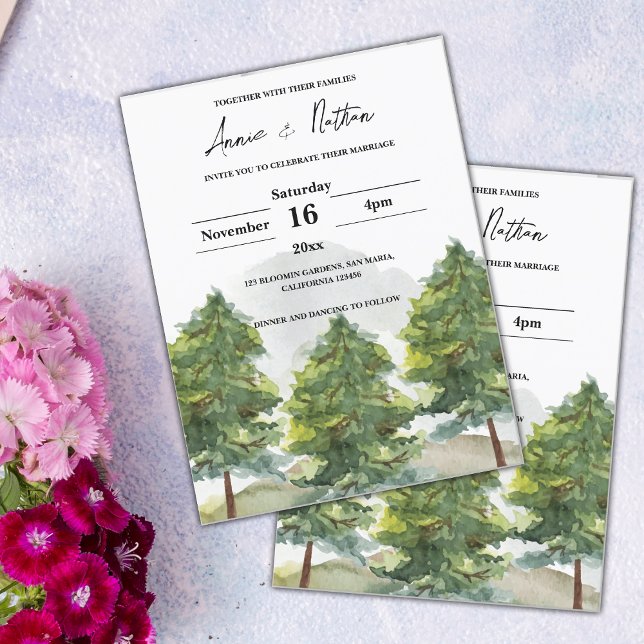 Söt Watercolor Träd Landscape Wedding bjudande in Vykort (Pretty Watercolor Trees Landscape Wedding Invitation)