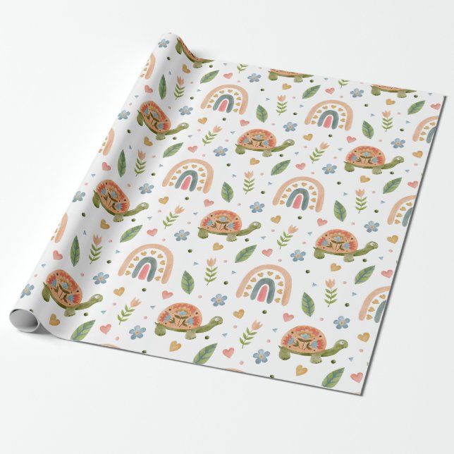 Söt Watercolor Turtle och Rainbow Mönster Presentpapper (Utrullad)