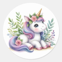 Söt Watercolor Unicorn Stickers Runt Klistermärke