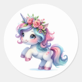 Söt Watercolor Unicorn Stickers Runt Klistermärke