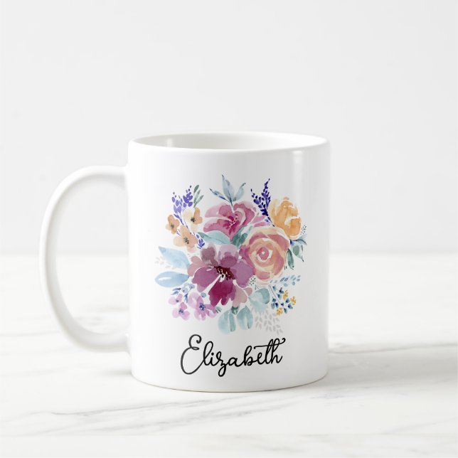 Söt Watercolor Vår Blommigt Posy Monogram Kaffemugg (Vänster)
