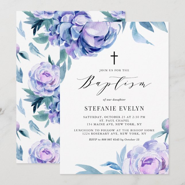 Söt Watercolor Violet Peony Flowers Baptism Inbjudningar (Fram/baksida)
