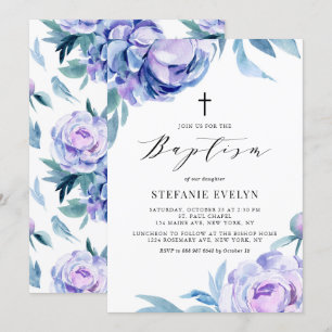 Söt Watercolor Violet Peony Flowers Baptism Inbjudningar
