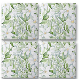 Söt Watercolor White Flowers Sage Grönt Foliage Kakelplatta