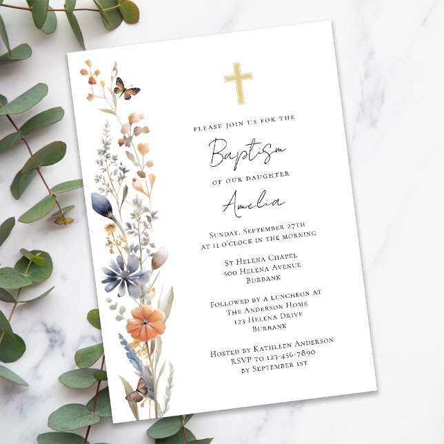Söt Watercolor Wildblomme Kor Baptism Inbjudningar (Skapare uppladdad)