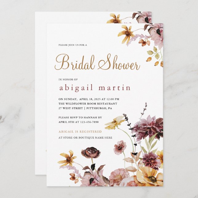 Söt Watercolor Wildblommors Blommigt Möhippa Inbjudningar (Fram/baksida)