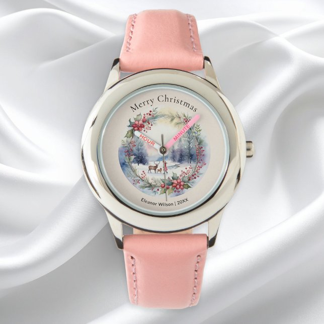 Söt Watercolor Winter Snö Scene Personlig Armbandsur (A personalized watch with 'Merry Christmas’ greeting and a pretty snow scene in a watercolor style)