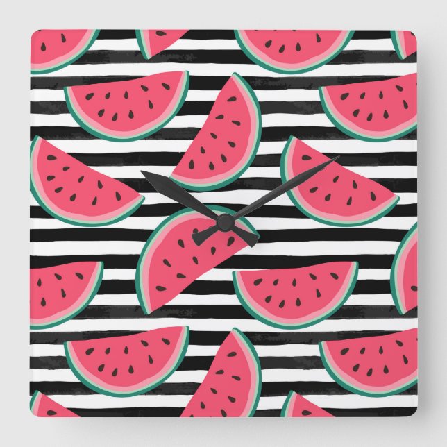 Söt Watermelon på Rand Black & White Mönster Fyrkantig Klocka (Framsida)
