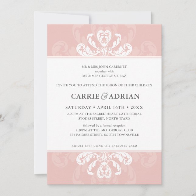 SÖT WEDDING INVITE formell lyx  rosa 5x7 Inbjudningar (Framsida)