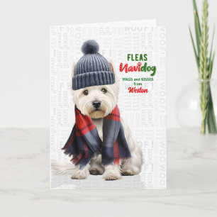 Söt Westie-hund Roliga loppor Navidog med namn Helgkort