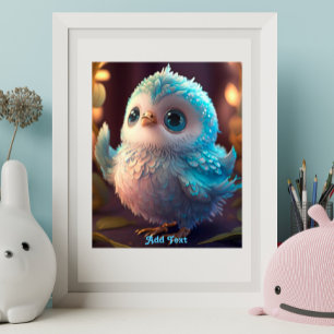 Söt Whimsical Blå Fågel Glitter Fjädrar Barnkammar Poster
