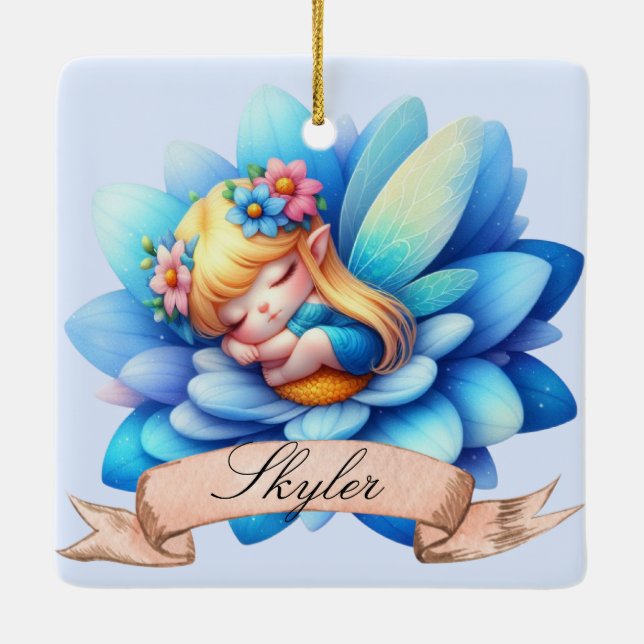 Söt Whimsical Blommig Söta Drömmar Sövande Fe Julgransprydnad Keramik (Baksida)