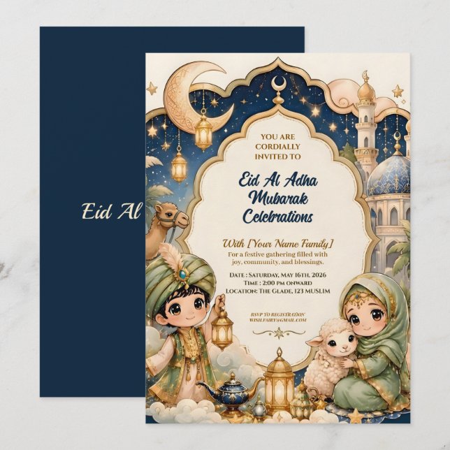 Söt Whimsical Eid Al Adha Chibi Mubarak Inbjudningar (Fram/baksida)