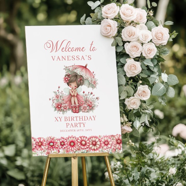 Söt Whimsical Fe En Rosa 4-års Födelsedags Välkoms Poster (Cute Whimsical Fairy Pink 4th Birthday Welcome Poster)