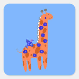 Söt Whimsical Folkkunst Giraff Fågel Orange Blå Fyrkantigt Klistermärke