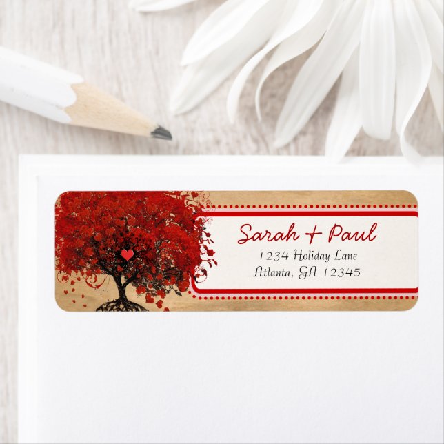 Söt Whimsical Hjärtformad Bladad Träd Röd Rosa Pri Returadress Etikett (Insitu)