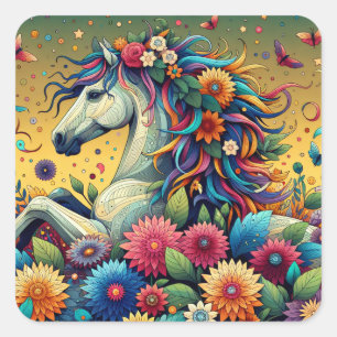 Söt Whimsical Horse in Colorful Flowers Fyrkantigt Klistermärke