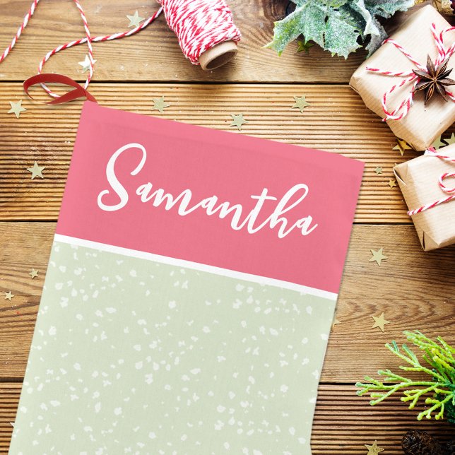 Söt Whimsical Kalligrafi Skript Rosa Grön Liten Julstrumpa (Cute Christmas stocking with the pink and green chic color theme. )