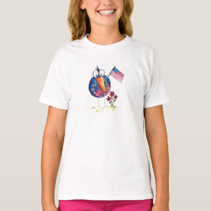 Söt Whimsical Patriotisk Fågel med Flagga T Shirt