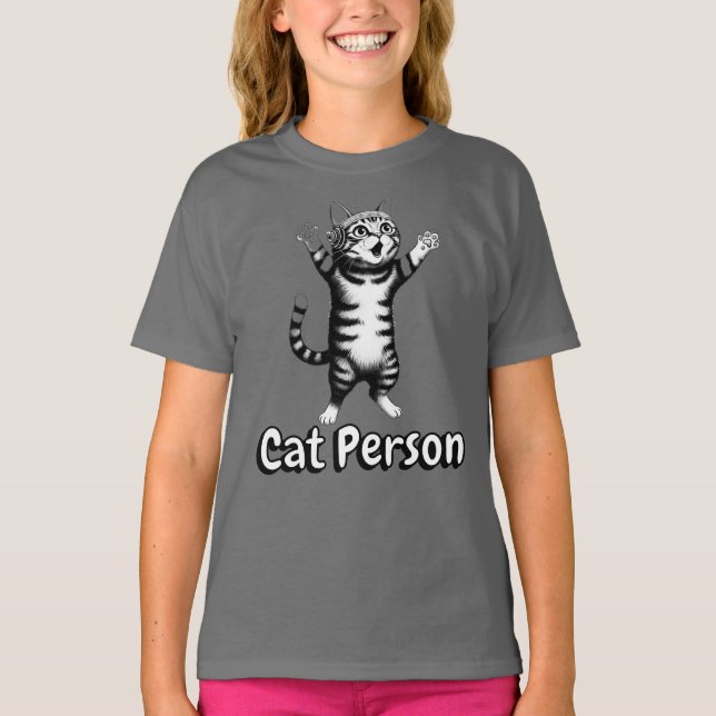 Söt Whimsical Randig Tabby Katt Person Grå T-Shirt (Framsida)