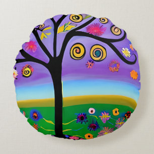 Söt Whimsical Träd Folk Art Ai Generated Art Rund Kudde