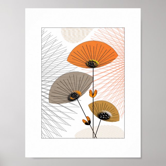 Söt Whimsique Flowers Orange Black Bild Poster (Framsidan)